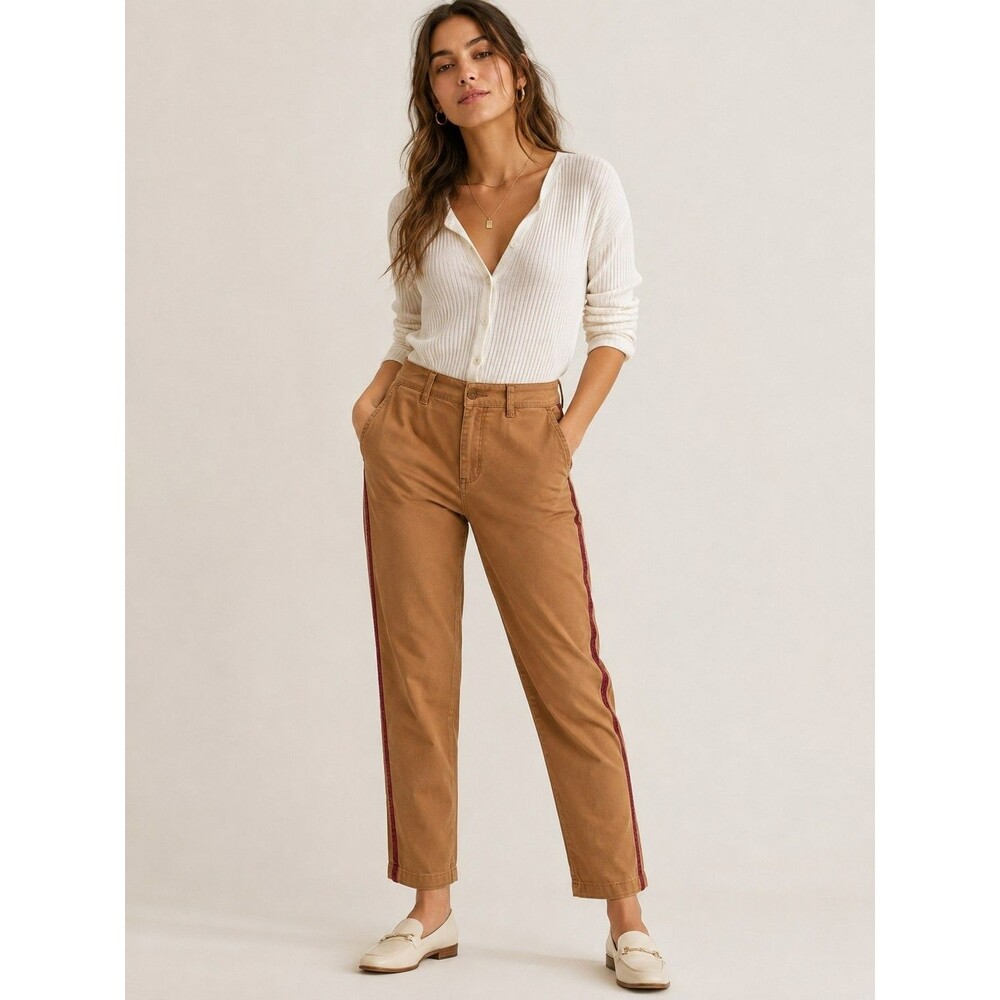 Anthropologie CHINO Pants Women’s 26  Camel Burgundy Velvet Tuxedo Stripe